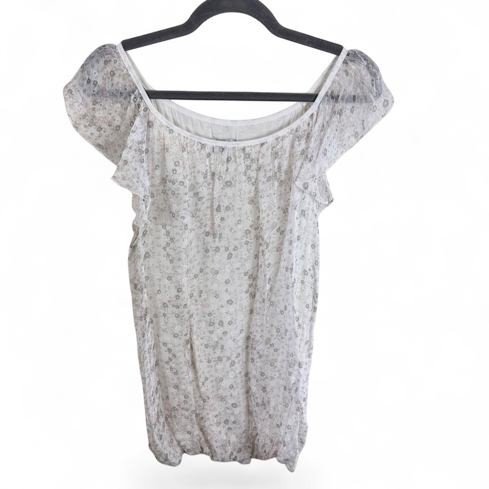 Luisa Ricci Womens Silk Floral Bubble Hem Blouse Made in Italy White Grey Large